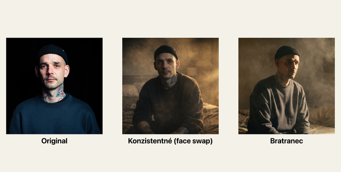 Porovnanie originálnej fotky, konzistentného face swapu a nepodobného výsledku