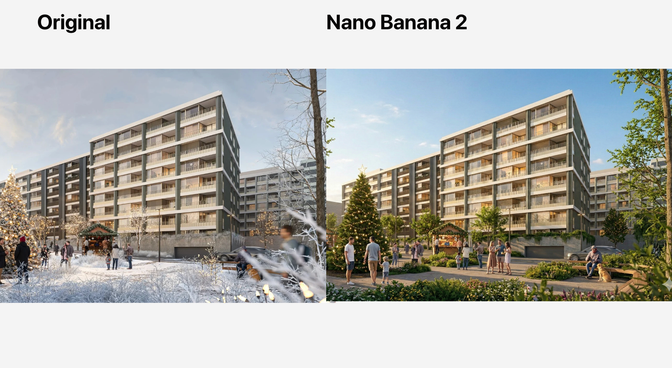 Porovnanie pôvodnej zimnej scény a letnej verzie od Nano Banana 2