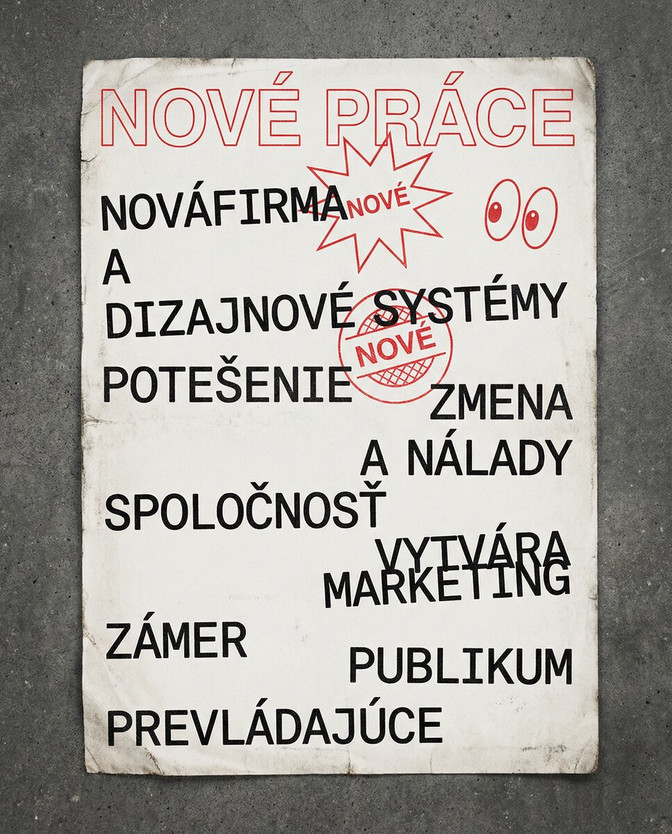 Typografický plagát s červenými pečiatkami na betónovom pozadí