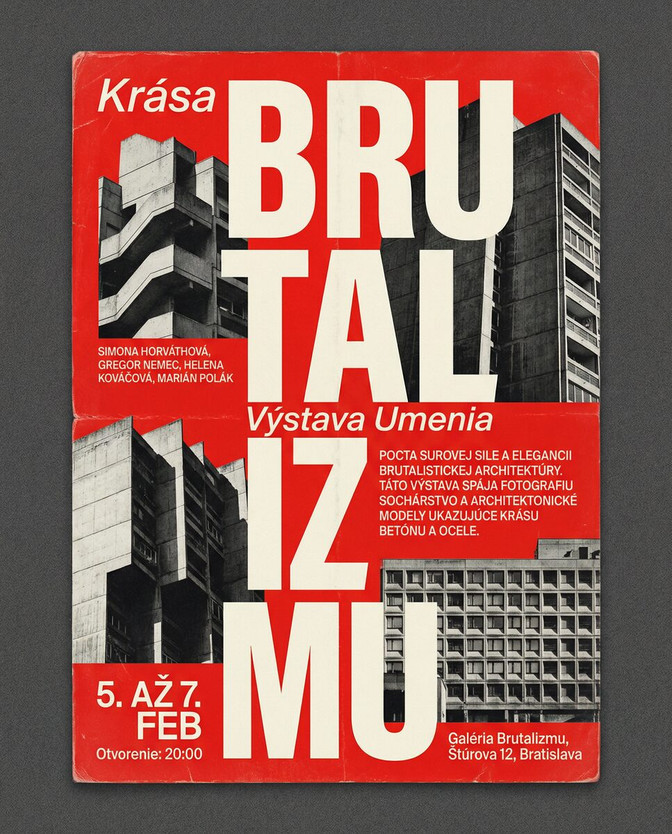Plagát výstavy o brutalistickej architektúre v červenej a šedej