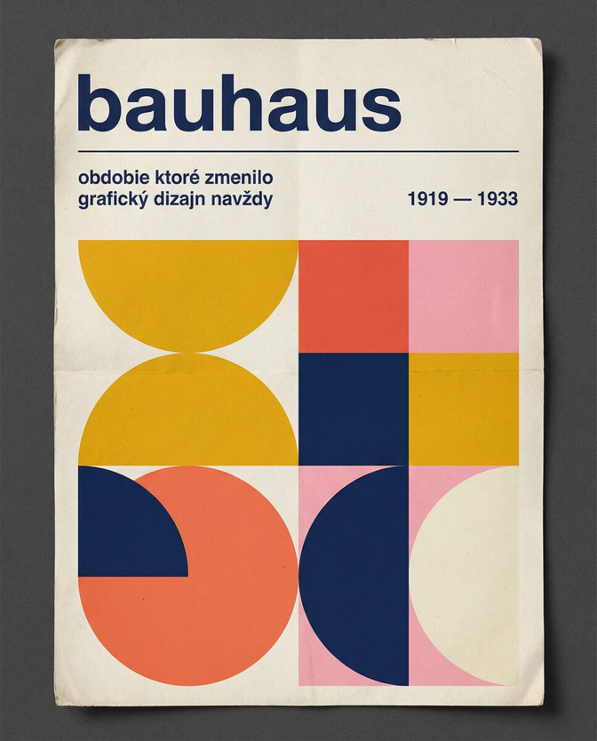 Plagát o Bauhause s geometrickými tvarmi a tlmenými farbami