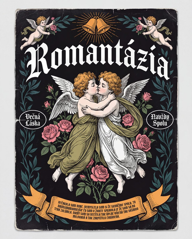 Plagát Romantázia s viktoriánskymi anjelmi a ružami na čiernom