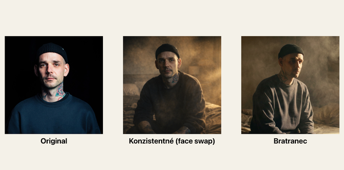 Porovnanie originálnej fotky, konzistentného face swapu a nepodobného výsledku